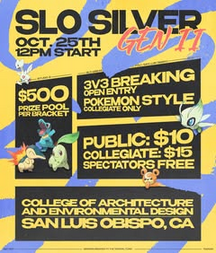 A yellow, black, and blue poster listing all of the information regarding the upcoming SLOSilver Jam. It will be host on Oct. 25th at 12pm, and features images of Pokemon from the Silver and Gold Pokemon games.